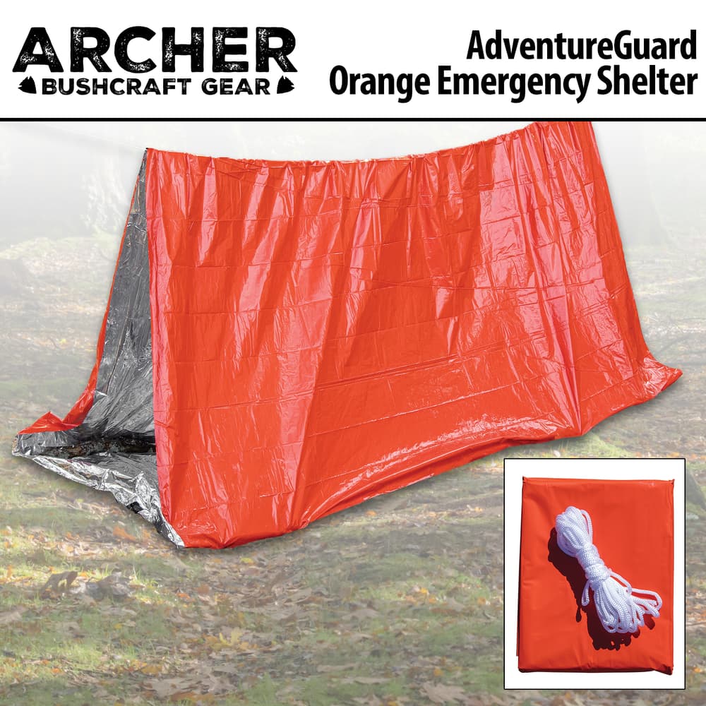 Full image of the Archer Bushcraft AdventureGuard Orange Emergency Shelter. image number 0